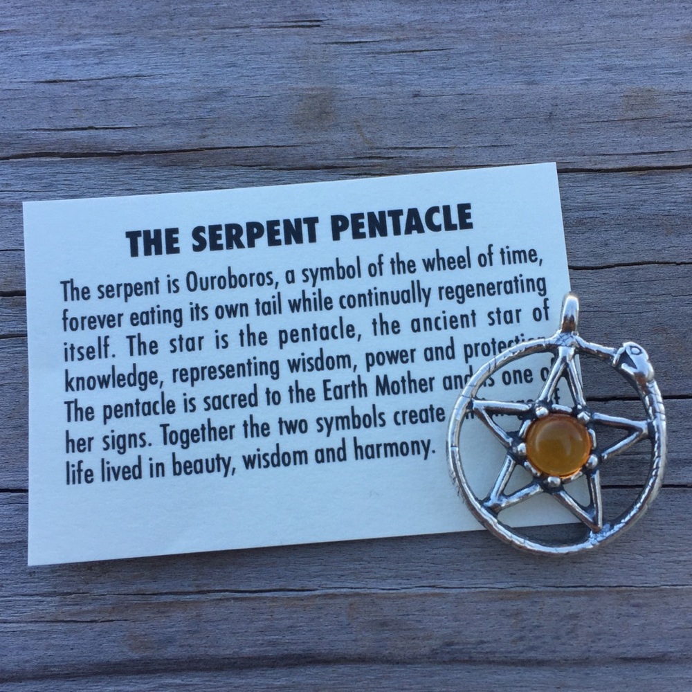 Snake Ouroboros Pentacle .925 Sterling Silver w/ genuine Amber made in USA - Picture 3 of 8